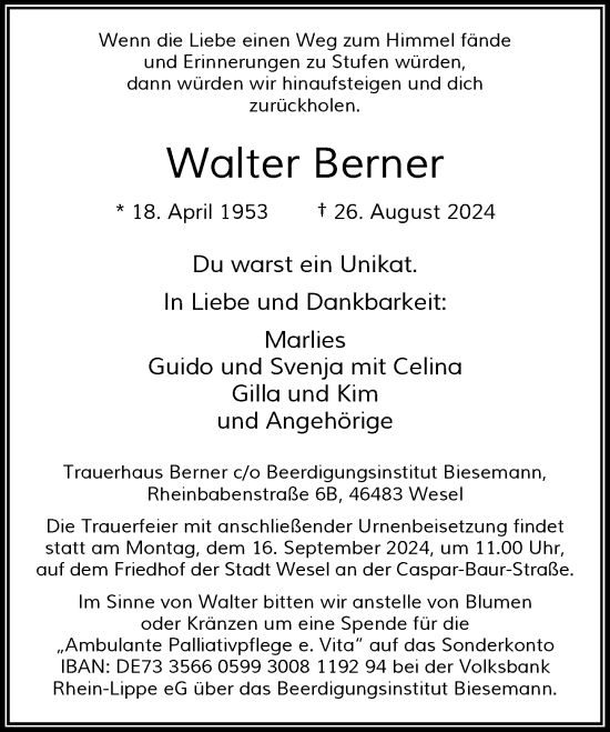 Traueranzeige von Walter Berner von Rheinische Post