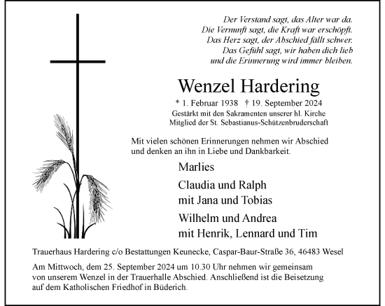 Traueranzeige von Wenzel Hardering von Rheinische Post