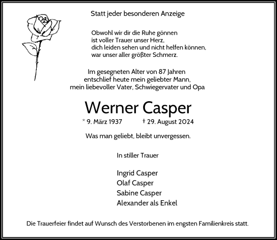 Traueranzeige von Werner Casper von Rheinische Post