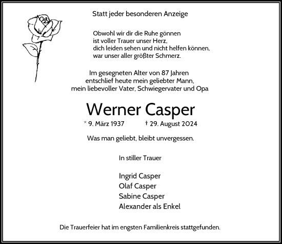 Traueranzeige von Werner Casper von Rheinische Post