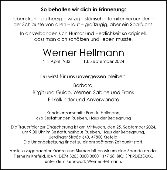 Traueranzeige von Werner Hellmann von Rheinische Post