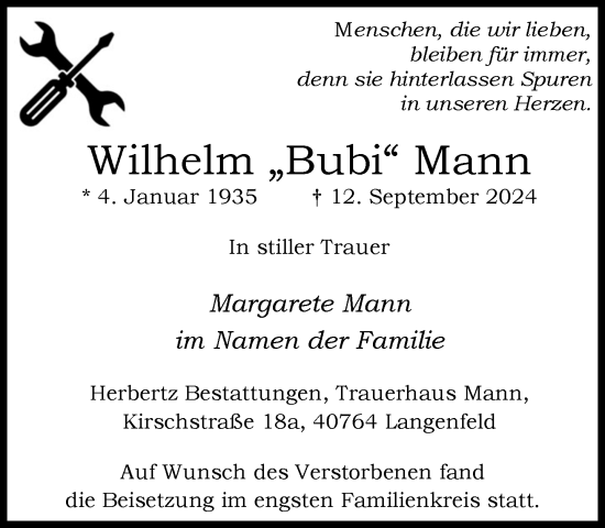 Traueranzeige von Wilhelm Mann von Rheinische Post