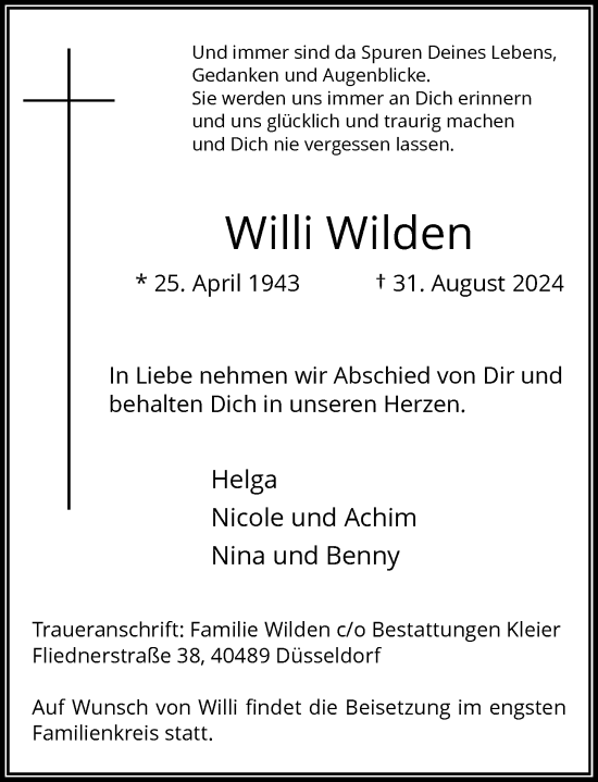 Traueranzeige von Willi Wilden von Rheinische Post