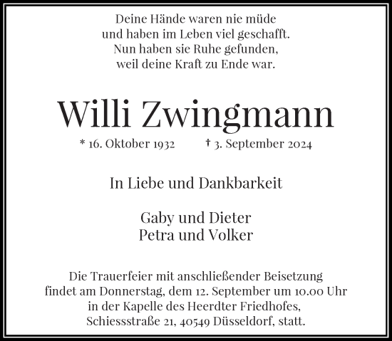 Traueranzeige von Willi Zwingmann von Rheinische Post