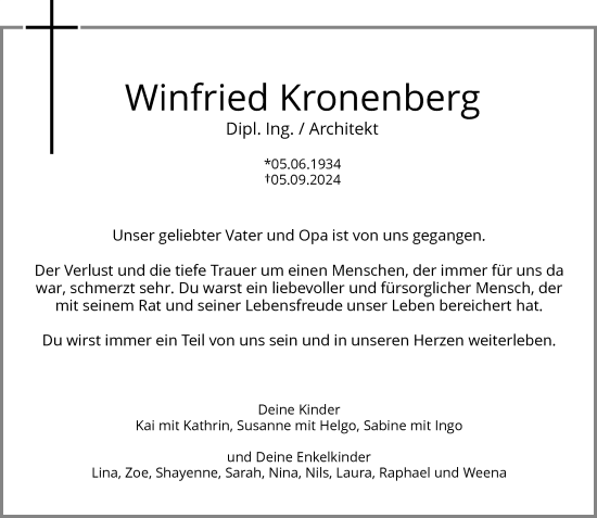 Traueranzeige von Winfried Kronenberg von Rheinische Post