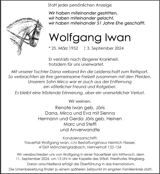 Traueranzeige von Wolfgang Iwan von Rheinische Post