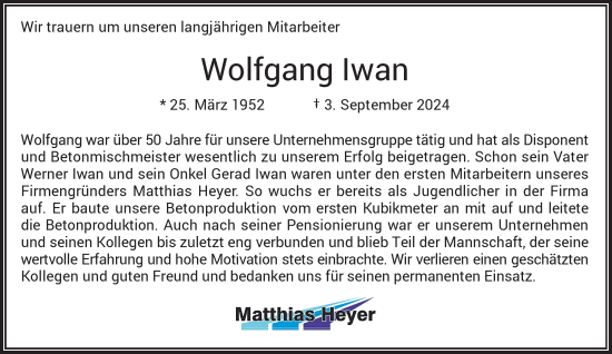 Traueranzeige von Wolfgang Iwan von Rheinische Post