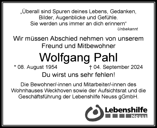 Traueranzeige von Wolfgang Pahl von Rheinische Post