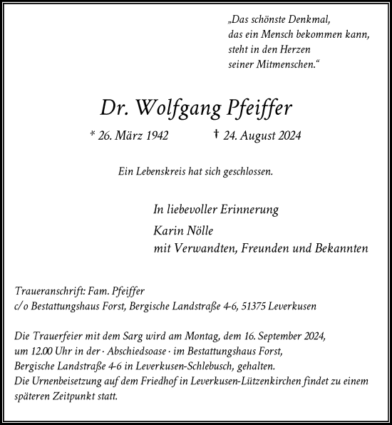 Traueranzeige von Wolfgang Pfeiffer von Rheinische Post