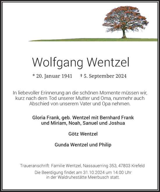 Traueranzeige von Wolfgang Wentzel von Rheinische Post