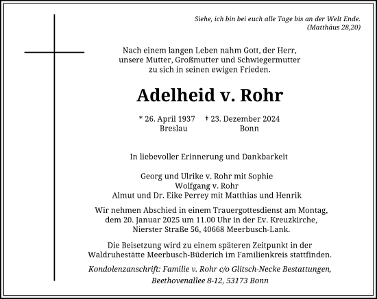 Traueranzeige von Adelheid v. Rohr von Rheinische Post