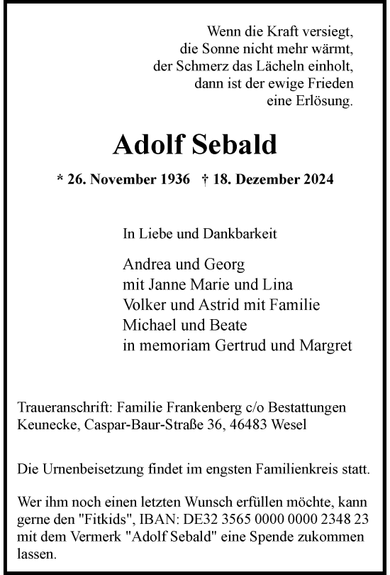 Traueranzeige von Adolf Sebald von Rheinische Post