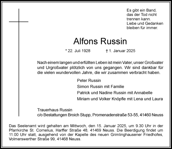 Traueranzeige von Alfons Russin von Rheinische Post