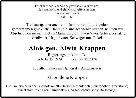 Traueranzeige von Alois Krappen von Rheinische Post