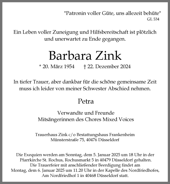 Traueranzeige von Barbara Zink von Rheinische Post