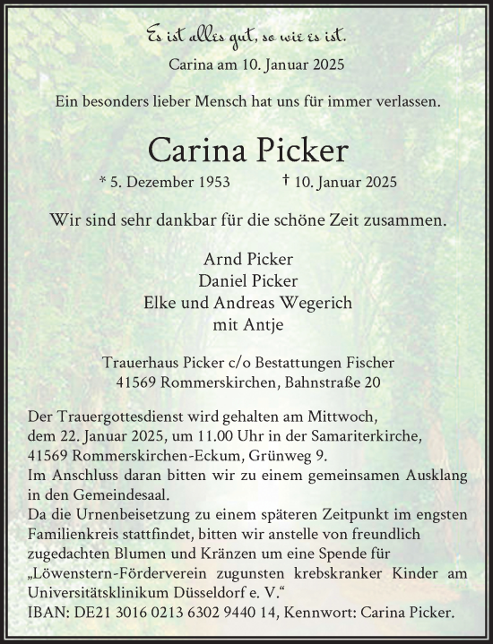 Todesanzeige von Carina Picker von Rheinische Post