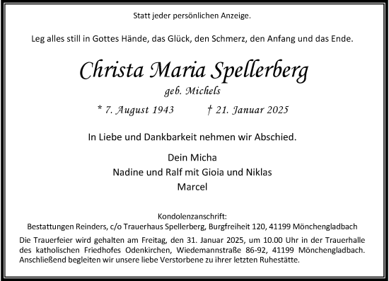 Todesanzeige von Christa Maria Spellerberg von Rheinische Post