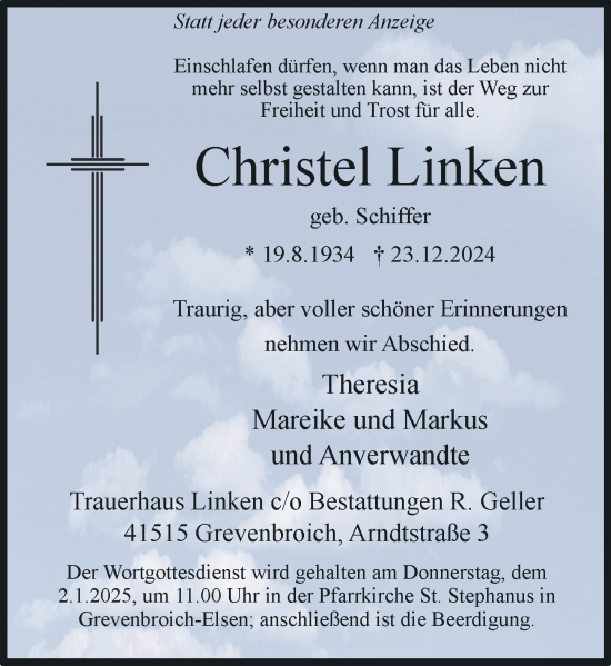 Traueranzeige von Christel Linken von Rheinische Post