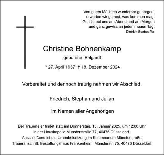 Traueranzeige von Christine Bohnenkamp von Rheinische Post