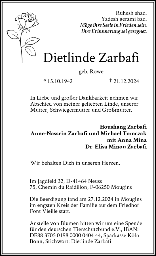 Traueranzeige von Dietlinde Zarbafi von Rheinische Post