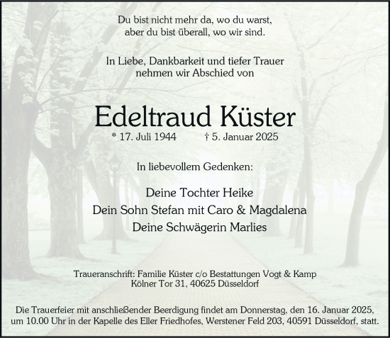 Todesanzeige von Edeltraud Küster von Rheinische Post