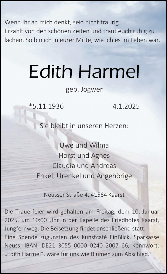 Traueranzeige von Edith Harmel von Rheinische Post