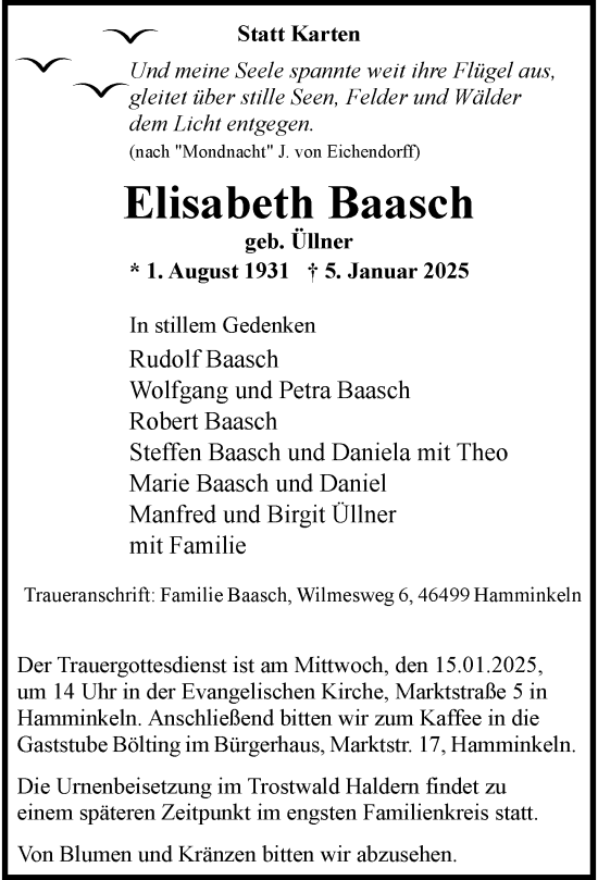 Todesanzeige von Elisabeth Baasch von Rheinische Post