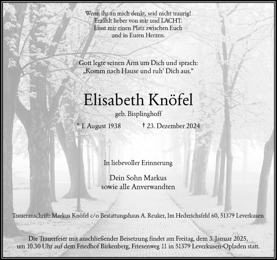 Traueranzeige von Elisabeth Knöfel von Rheinische Post