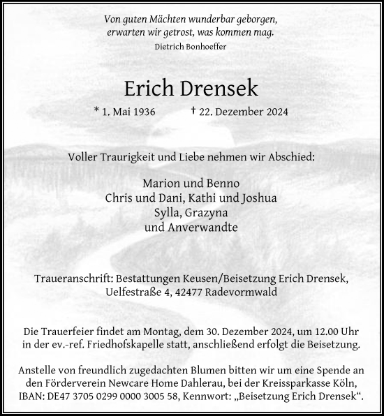 Traueranzeige von Erich Drensek von Rheinische Post