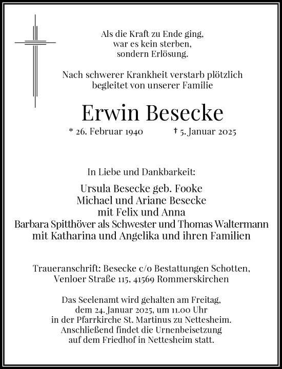 Todesanzeige von Erwin Besecke von Rheinische Post