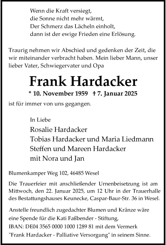 Todesanzeige von Frank Hardacker von Rheinische Post