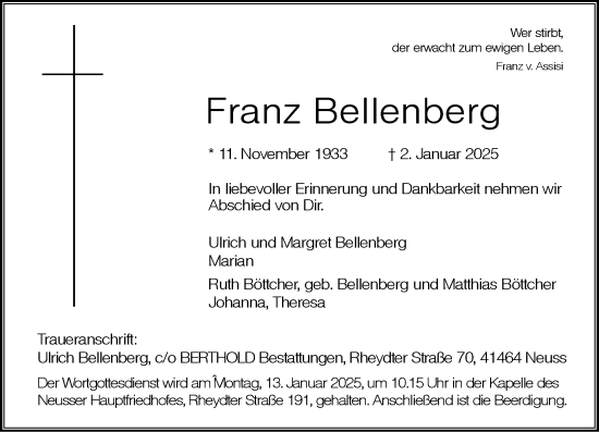 Traueranzeige von Franz Bellenberg von Rheinische Post