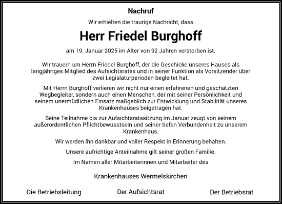 Traueranzeige von Friedel Burghoff von Rheinische Post