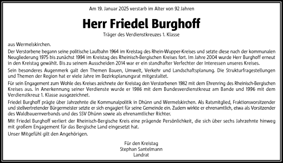 Traueranzeige von Friedel Burghoff von Rheinische Post