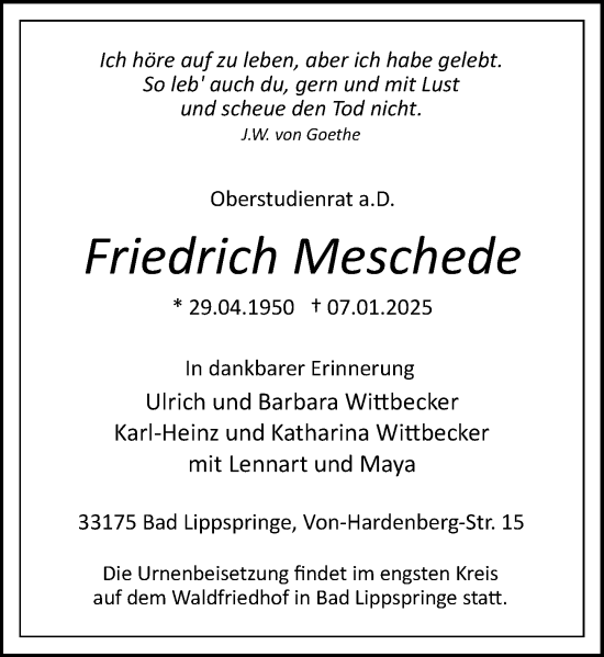 Todesanzeige von Friedrich Meschede von Rheinische Post