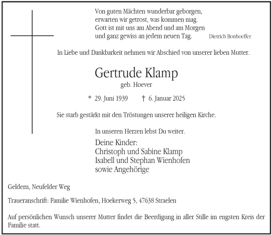 Todesanzeige von Gertrude Klamp von Rheinische Post