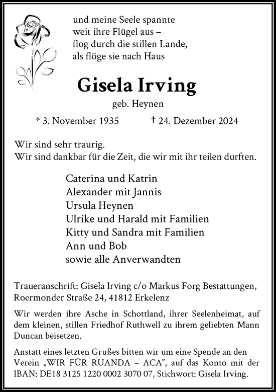 Traueranzeige von Gisela Irving von Rheinische Post