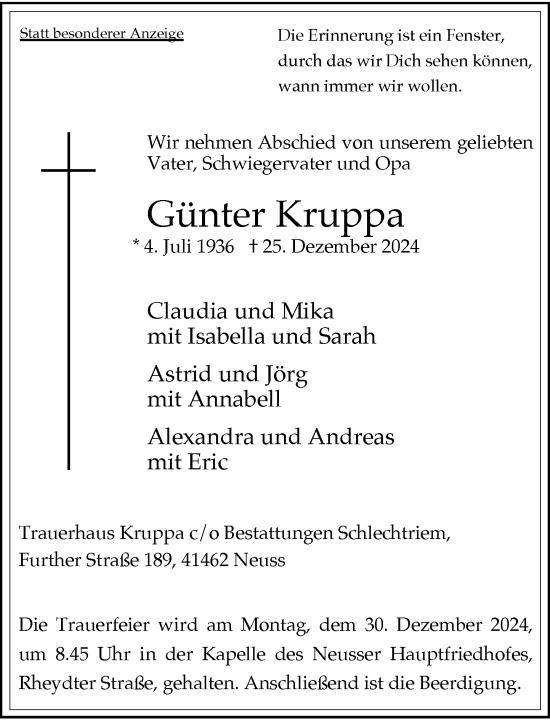 Traueranzeige von Günter Kruppa von Rheinische Post