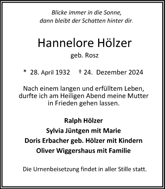 Traueranzeige von Hannelore Hölzer von Rheinische Post