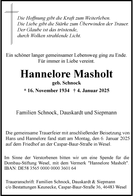 Todesanzeige von Hannelore Masholt von Rheinische Post