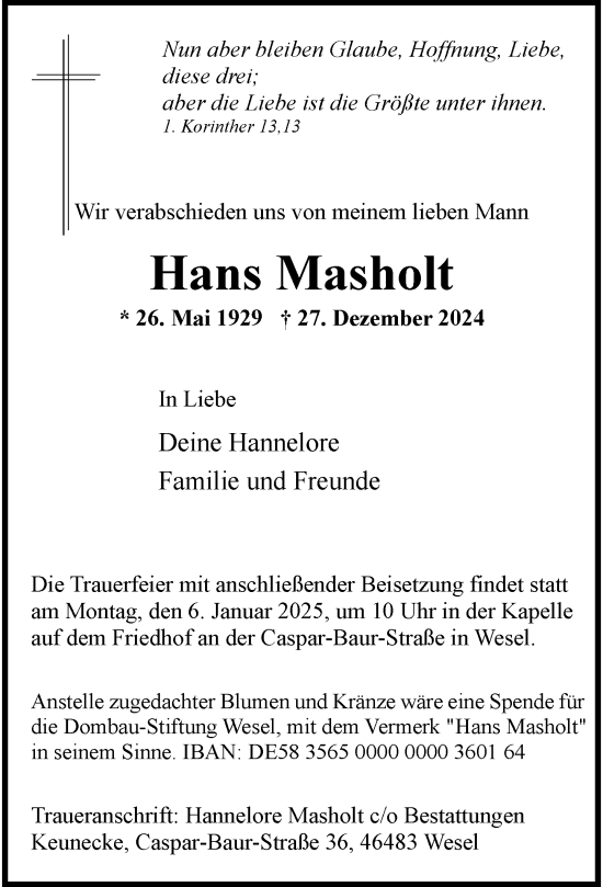 Traueranzeige von Hans Masholt von Rheinische Post