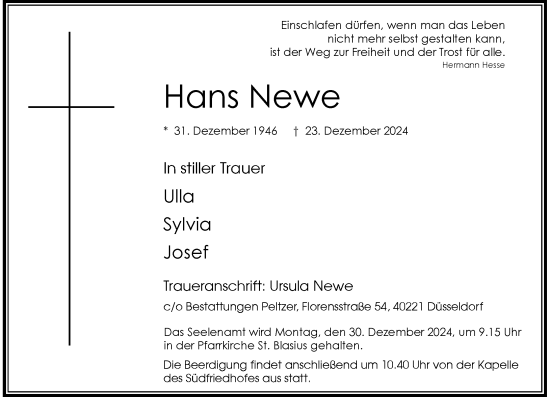 Traueranzeige von Hans Newe von Rheinische Post