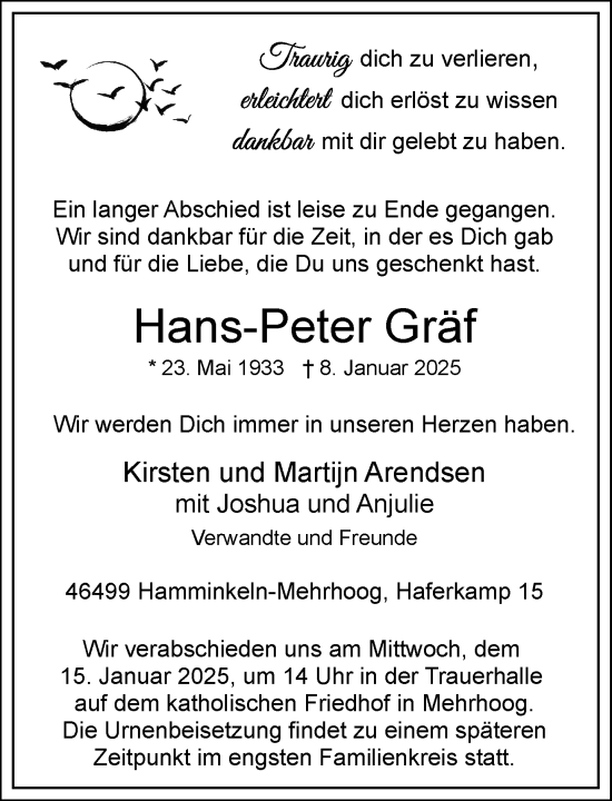 Todesanzeige von Hans-Peter Gräf von Rheinische Post