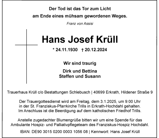 Traueranzeige von Hans Josef Krüll von Rheinische Post