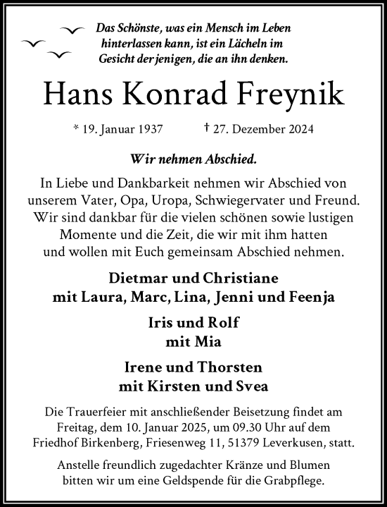 Traueranzeige von Hans Konrad Freynik von Rheinische Post