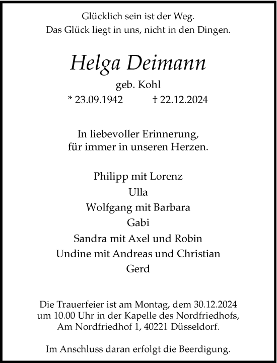 Traueranzeige von Helga Deimann von Rheinische Post