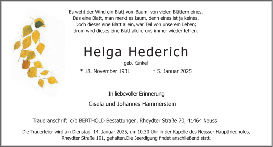 Todesanzeige von Helga Hederich von Rheinische Post