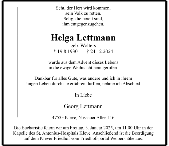 Traueranzeige von Helga Lettmann von Rheinische Post