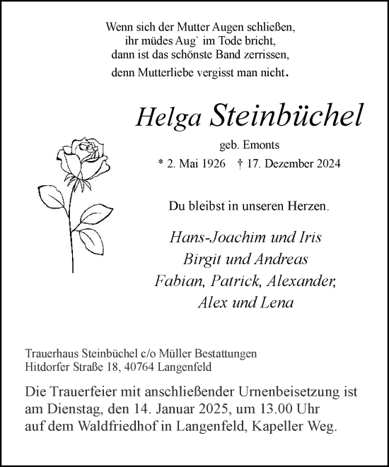 Traueranzeige von Helga Steinbüchel von Rheinische Post