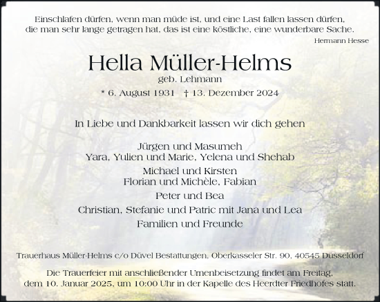 Traueranzeige von Hella Müller-Helms von Rheinische Post